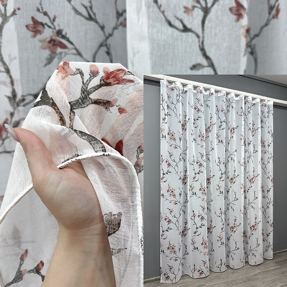 Тюль VR-Textil 1904т Flora Батист Білий із червоно-коричневим 300х270 см (40-242) Київ - фото 1