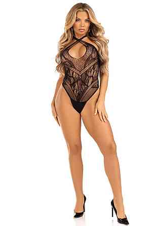 Тедді Leg Avenue Thong teddy with strappy back, One Size, чорне, еластичне мереживо, низ — стрінги Sex Aura Київ