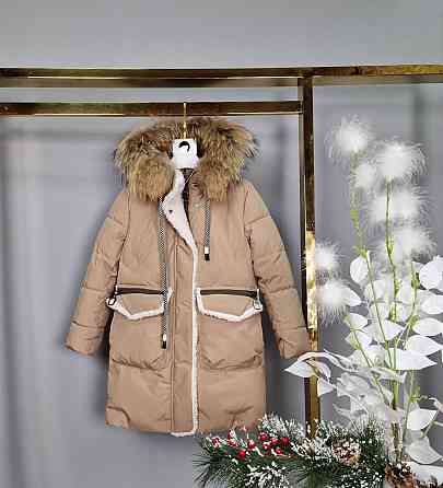 Детская бежевая зимняя куртка пальто на девочку с натуральным мехом 104,110 Николаев