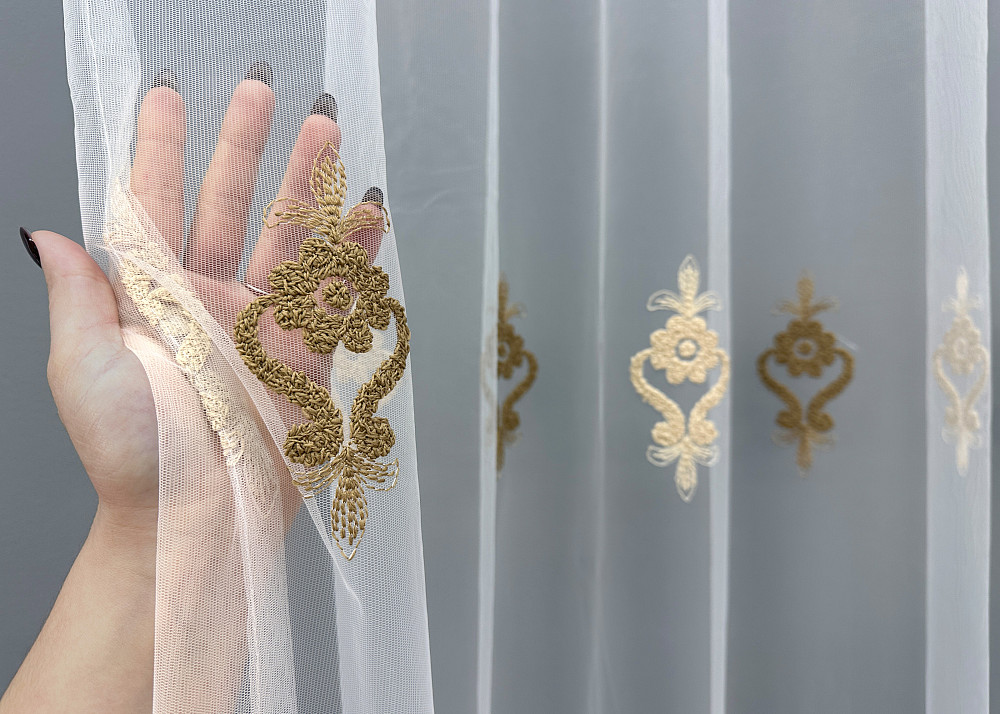 Тюль VR-Textil 1845т Фатин з об'ємною вишивкою Білий з бежевим та шоколадним 500х270 см (42-0918) Київ - фото 4