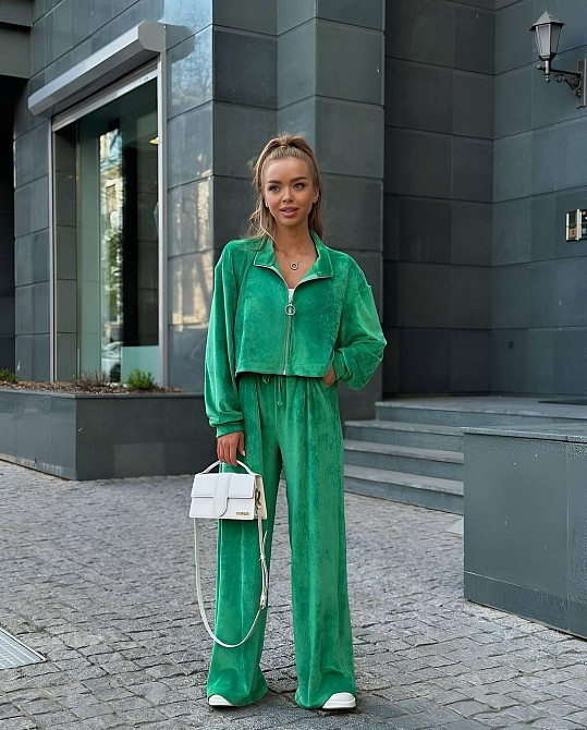 Жіночий прогулянковий плюшевий костюм: кофта та штани Зелений, 42/46 Одеса - фото 2