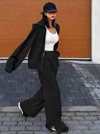 Женский прогулочный оверсайз костюм двойка: худи и штаны двунитка Черный Одесса