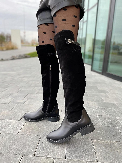 Vesna Ботфорти жіночі VESNA чорні шкіра+замша натуральна висота 53 см обхват 35-37 см розмір 39 Коломия - фото 7