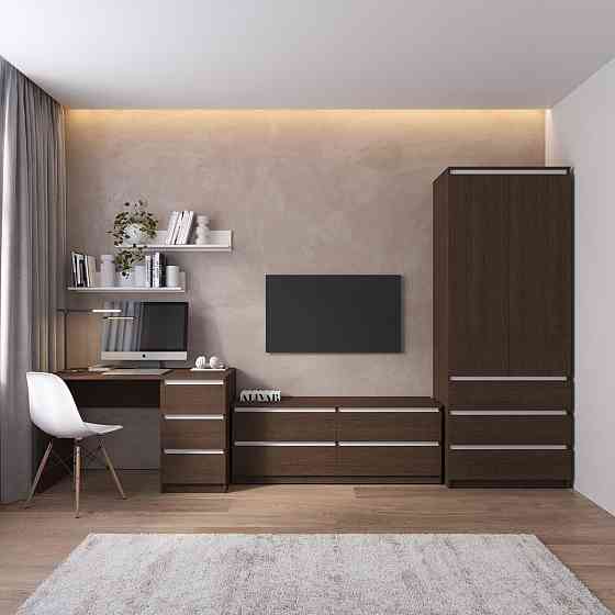 Комплект мебели в гостиную VAYS, шкаф R-9 тумба R-6 стол R-1 полки М-22 Венге Темный-Белые планки Львов