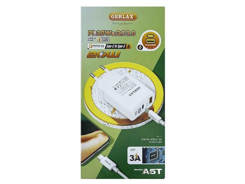 Сетевое зарядное устройство Type-C A5T 3A/1USB/QC3.0/PD20W белый ТМ GERLAX Киев - изображение 1