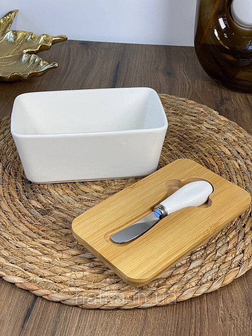 Сирниця керамічна з дерев'яною кришкою й ножем "White 1" 17*10.5*8 см Київ - фото 3