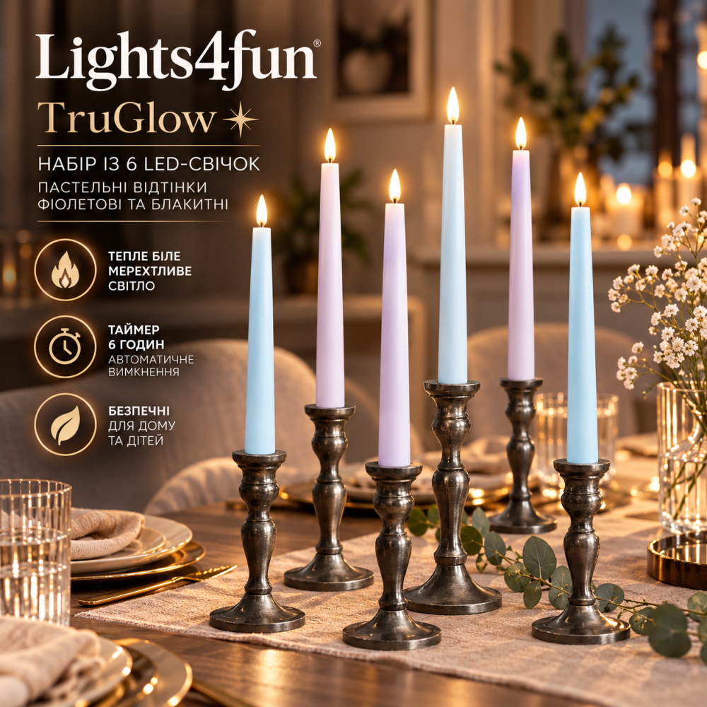 Набір Lights4fun TruGlow із 6 пастельних воскових свічок, теплий білий LED, мерехтливе світло, таймер 6 годин, фіолетові та сині Київ - фото 1