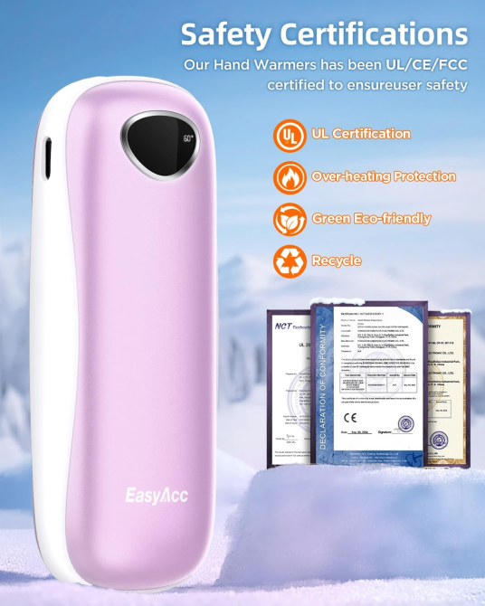 Акумуляторні грілки для рук EasyAcc 10000 мАг Набір 2 шт Електрична грілка багаторазова з LED-дисплеєм Рожево-біла Київ - фото 7
