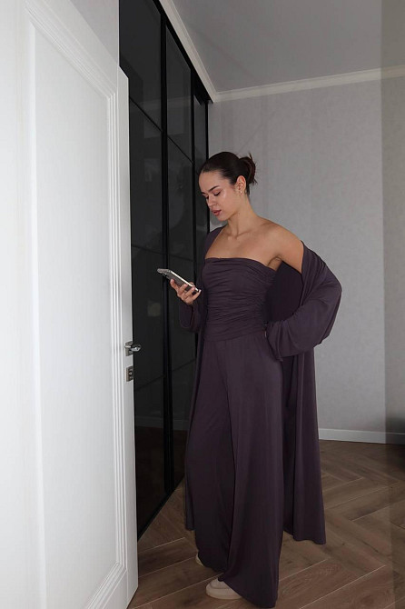 Жіночий базовий костюм-трійка: кардиган топ і штани турецька віскоза Графітовий Одеса - фото 6