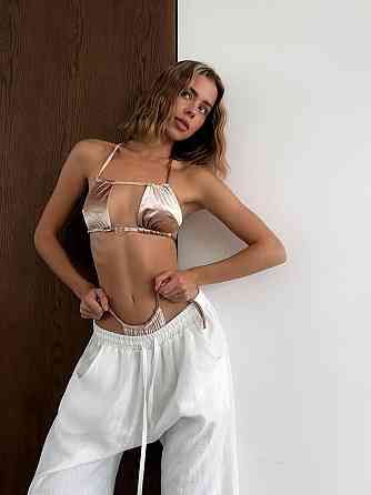 Женский летний оверсайз костюм двойка: рубашка и брюки из смягченного льна креш Молочный, 42/46 Одесса