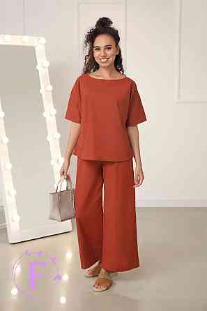 Жіночий костюм вільного крою з натурального льону "Delux" оптом | Розпродаж моделі Теракотовий, 42-44 Київ
