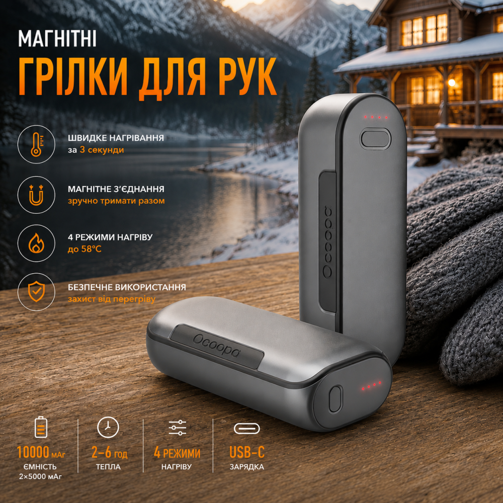 Магнітні грілки для рук OCOOPA MagTwins UT2s 2-в-1, Power Bank 10000 мАг (2×5000 мАг), 4 режими нагріву до 58°C, USB-C, Grey Київ - фото 10