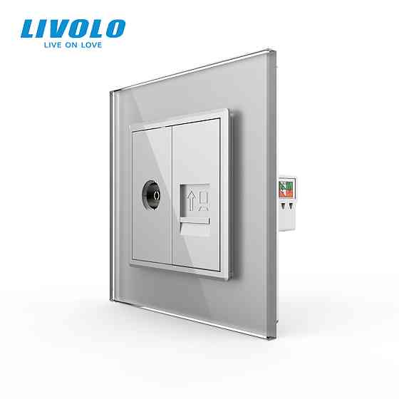 Розетка комп'ютерна RJ-45 і ТБ розетка Livolo сірий скло (VL-C791VC-15) Коломыя