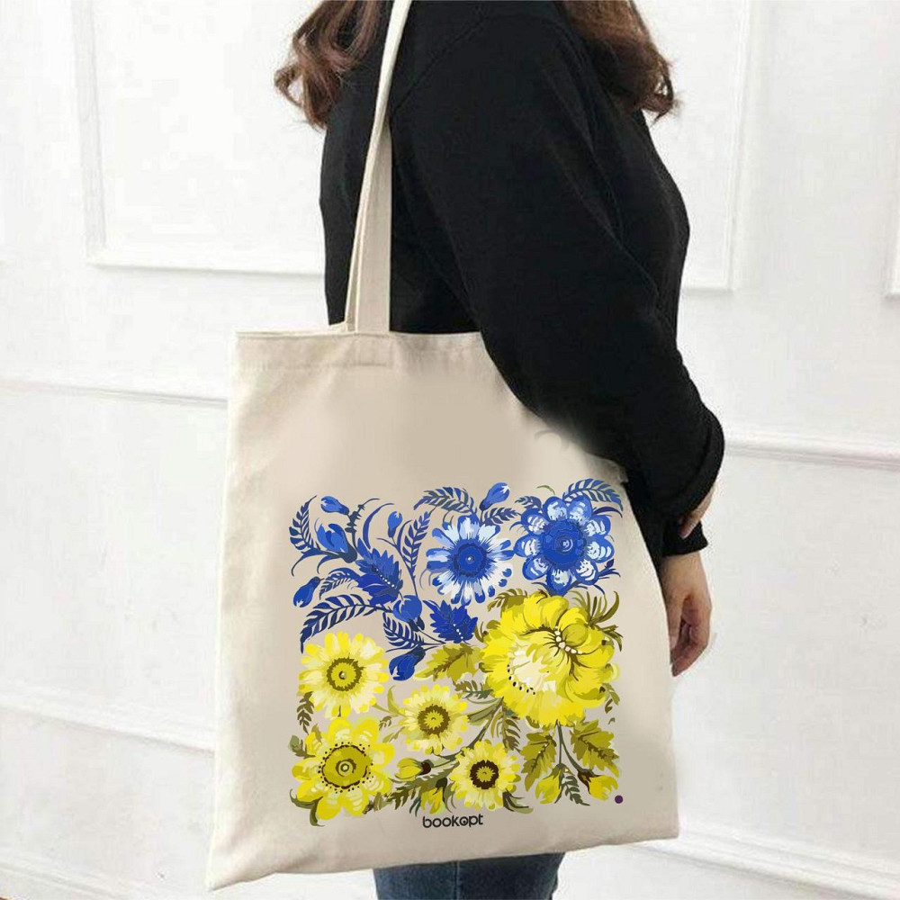 Екошопер BookOpt BK4004 Петриківський розпис Синьо-жовті квіти бежевий Луцк - изображение 7