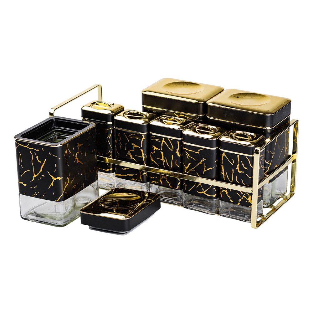 Yiwu Набір для приправ та спецій на підставці 8 штук з кришками Чорний HP-1364 Киев - изображение 2