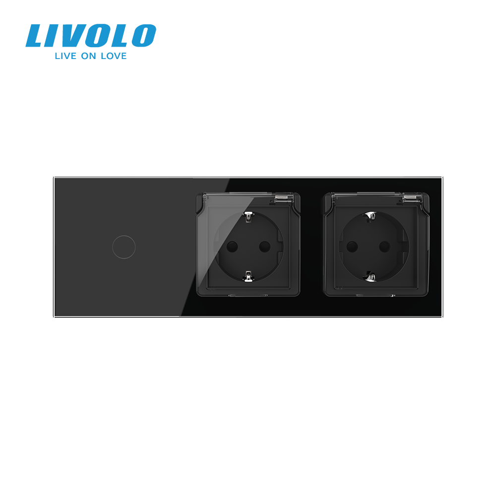 Сенсорний вимикач + подвійна розетка вологозахисна з кришкою IP44, з заземленням, чорна скляна матова рамка, шторки, LIVOLO Коломыя - изображение 3