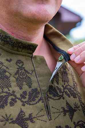 Вышиванка мужская, лен, короткий рукав,  хаки, топ Киев