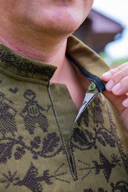 Вышиванка мужская, лен, короткий рукав,  хаки, топ Киев - изображение 4