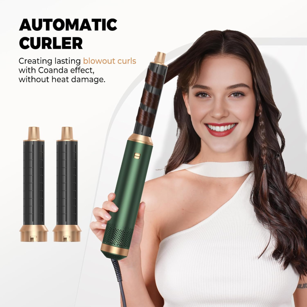 Фен-стайлер OKWRAP Hair Styler 5 в 1, 1000 Вт, фен-щітка з Coanda, 3 режими, іонізація, насадки для локонів, зелений Київ - фото 4