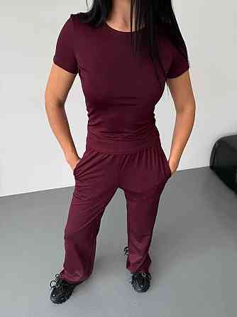 Женский базовый костюм тройка: лонгслив, футболка и штаны микродайвинг Бордо Одесса