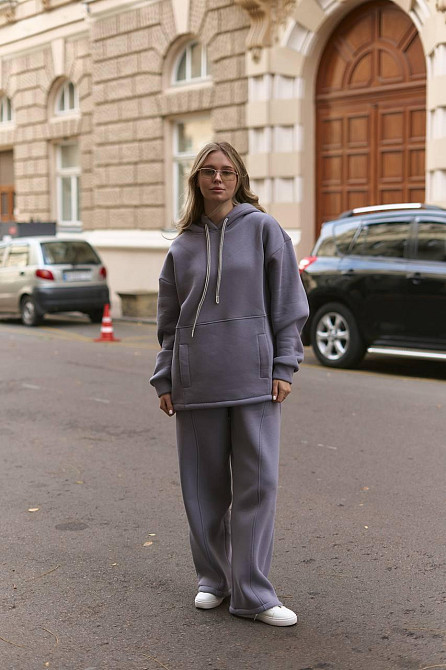 Женский теплый костюм двойка свободного кроя трехнитка на флисе Серый Одесса - изображение 8