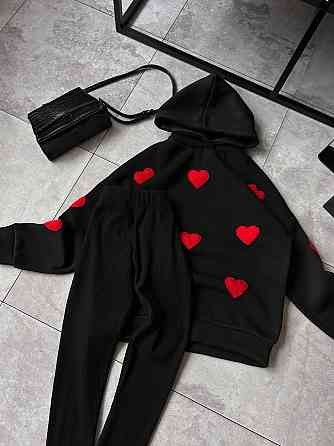 Женский теплый прогулочный костюм двойка с сердечками трехнить на флисе + ангора рубчик Черный, 50/52 Одесса