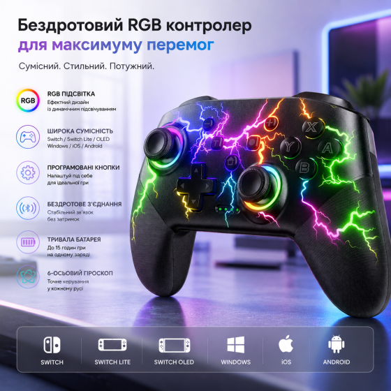 Бездротовий ігровий контролер VOYEE S08: RGB-підсвітка, Turbo, програмовані кнопки та підтримка Nintendo Switch/PC/Mobile Київ
