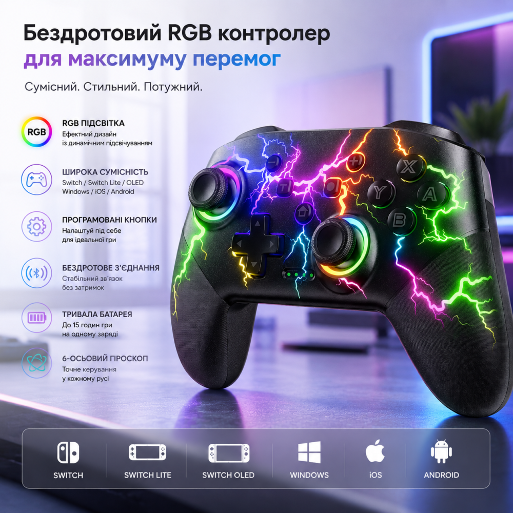 Беспроводной игровой контроллер VOYEE S08: RGB-подсветка, Turbo, программируемые кнопки и поддержка Nintendo Switch/PC/Mobile Киев - изображение 1