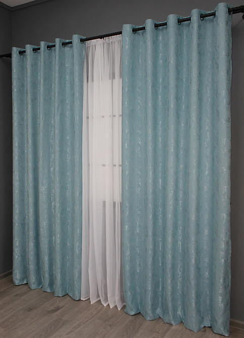 Комплект штор на люверсах VR-Textil Лен мрамор Pavliani № 1371ш 150х250 см 2 шт Темно-голубой (37-0052) Киев - изображение 4