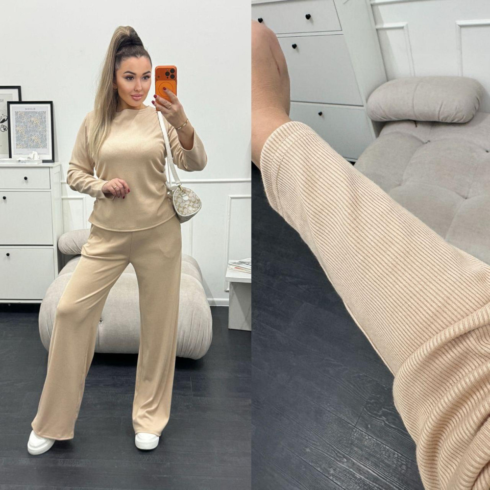 Жіночий базовий костюм-двійка: лонгслів і штани трикотажний рубчик Кремовий, 42/44 Одеса - фото 8