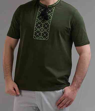 Чоловіча футболка вишиванка кольру хакі  з салатовою вишивкою на короткий рукав Київ