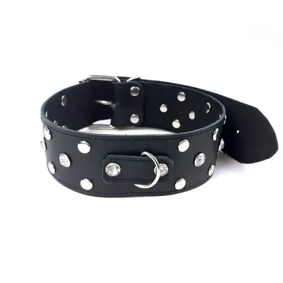 Нашийник з натуральної шкіри із заклепками та стразами Art of Sex - Jenna Collar, Чорний Львов