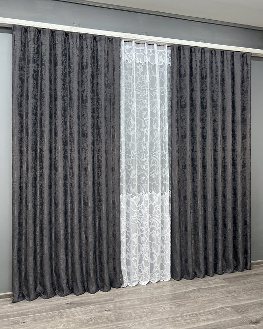 Комплект штор VR-Textil Жакард Мармур 200х270 2шт і Тюль 600х270 1211ш-1529т Графітовий з білим 71-184/7 Київ - фото 3
