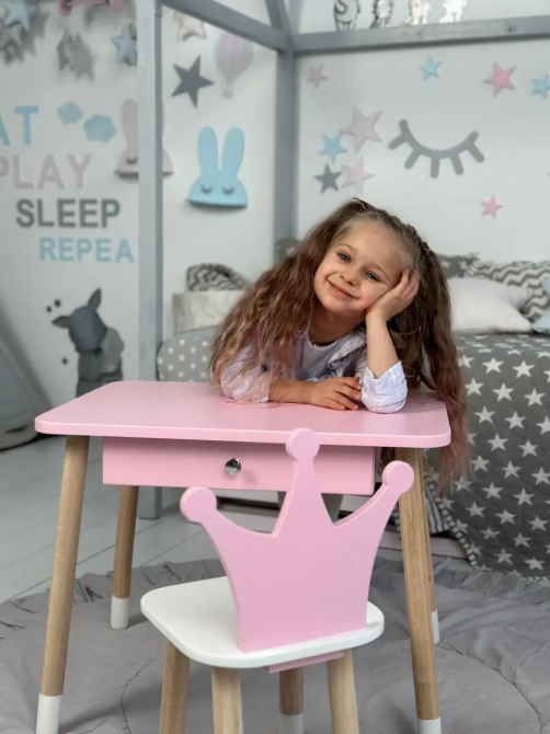 Детский столик со стульчиком Корона и ящиком для карандашей и раскрасок (Розовый) Винница - изображение 3