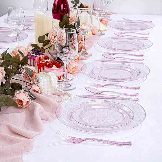 Набір тарілок пластикових круглі 4 шт, десертні 19 см і обідні 26 см, рожеві прозорі з блискітками Кам'янець-Подільський