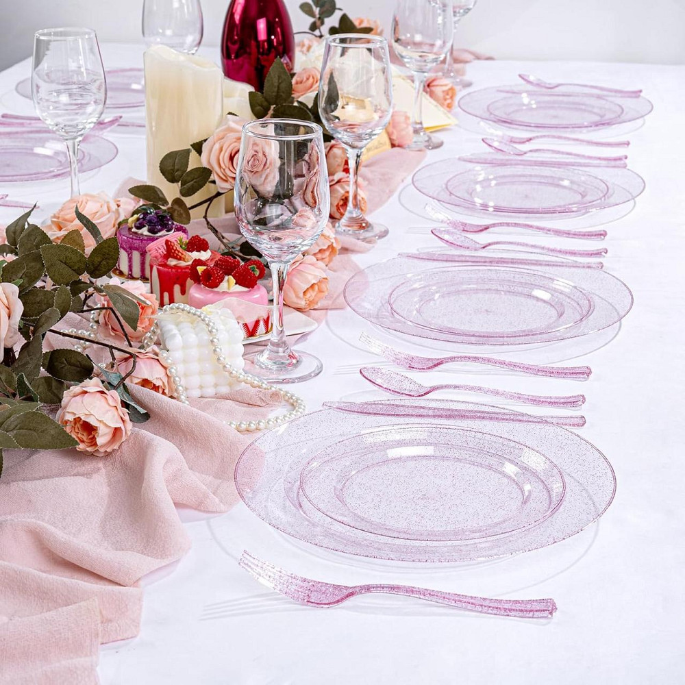 Набор тарелок пластиковых круглые 4 шт, десертные 19 см и обеденные 26 см,розовые прозрачные с блёстками Каменец-Подольский - изображение 6