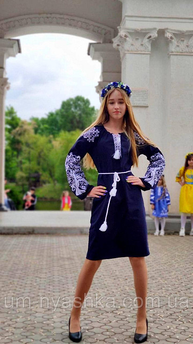 Натуральне лляне плаття вишиванка жіноча темно-синя блуза з вишивкою "Дерево життя" р.ХЛ-3ХЛ Кривий Ріг - фото 5