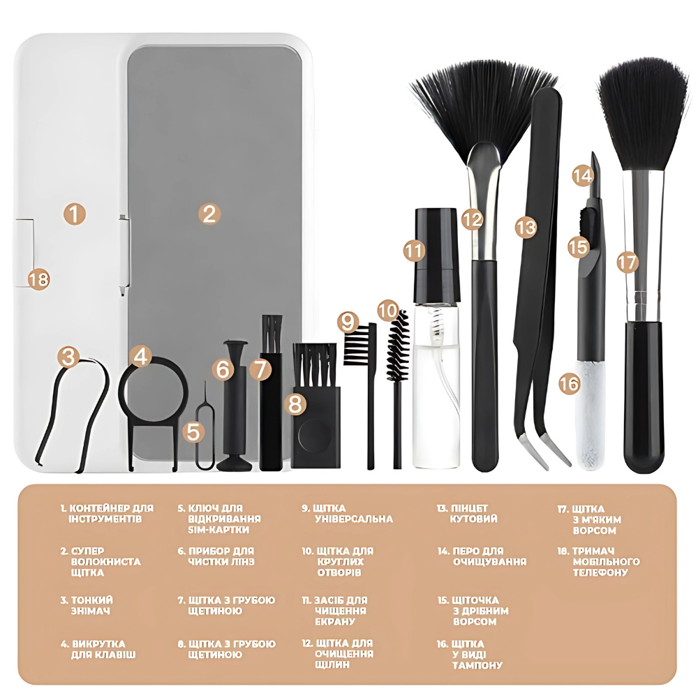 Комплект для чистки гаджетов в кейсе 18в1,набор щёток для чистки,электроники, наушников,клавиатур Каменец-Подольский - изображение 6