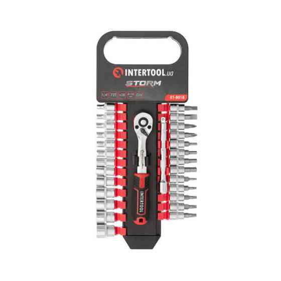 Набір головок і біт STORM, 1/4", Cr-V, 28 од., головки: 4-14 мм, біти: TORX, HEX, PH, SL, тріскачка 72 зуби, подовжувач 100 мм Львів