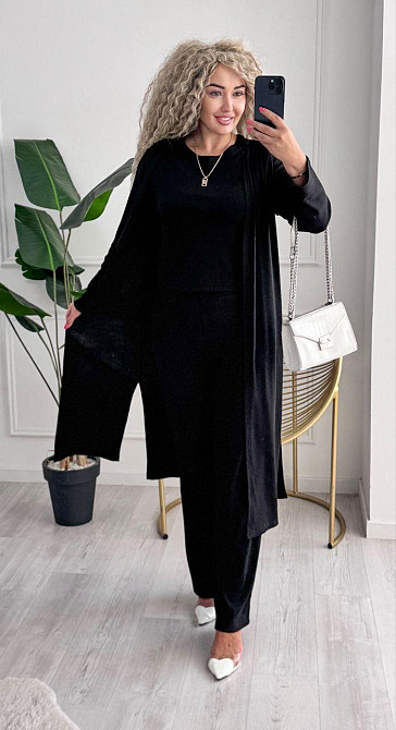 Жіночий базовий прогулянковий костюм-трійка: кардиган футболка та штани трикотажний рубчик Чорний, 50/52 Одеса - фото 9