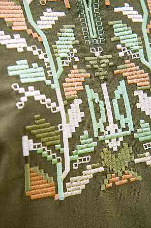 Вышиванка мужская, льняная, длинный рукав, хаки ,  лен ,топ Киев