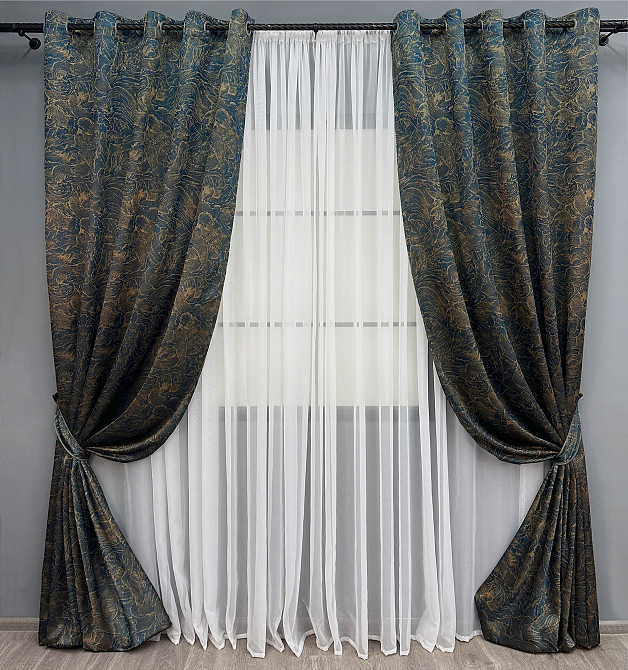 Комплект штор на люверсах VR-Textil Жаккард Fantasy № 1634ш Синий с золотистым 150х280 см 2 шт (37-0186) Киев - изображение 2