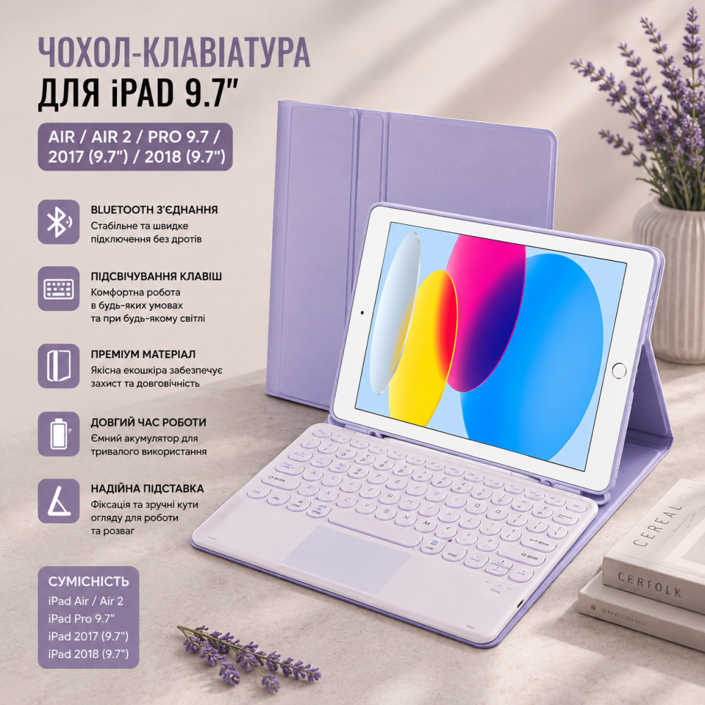 Чехол-клавиатура для iPad Air/Air 2/Pro 9.7/iPad 5/6, Bluetooth с подсветкой, кожаный, лавандовый Киев - изображение 5