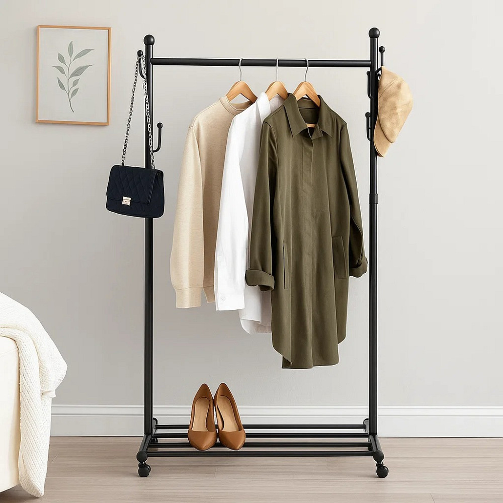 Вішалка пересувна для одягу металева зі стійкою для тремпелів і стійкою з гачками колір чорний Кам'янець-Подільський - фото 1