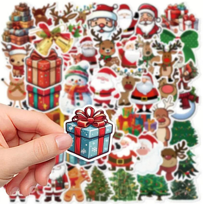 Рождественские наклейки. Новогодние мультяшные стикеры. Водонепроницаемые виниловые наклейки, набор 50 штук. Киев - изображение 5