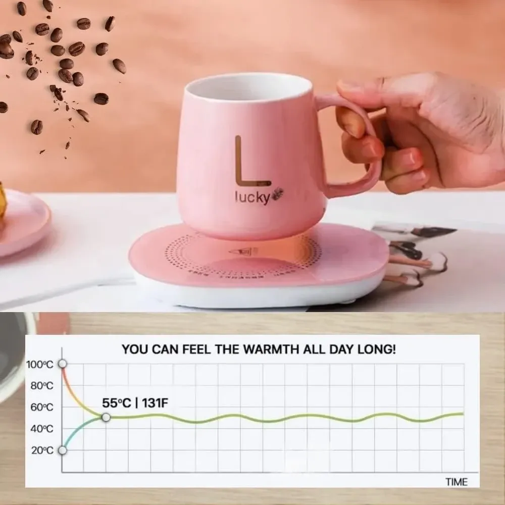 Чашка керамічна на підставці з підігрівом у подарунковій упаковці, в комплекті ложка та кабель, Рожева Одеса - фото 7