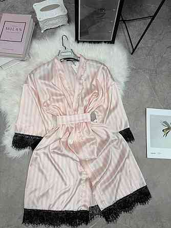 Женский домашний халат в полоску шелк армани с кружевом Пудровый, 48/52 Одесса