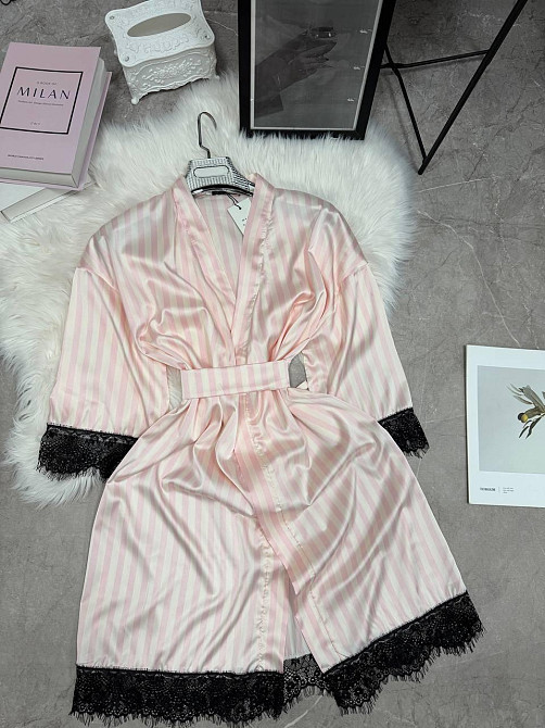 Женский домашний халат в полоску шелк армани с кружевом Пудровый, 48/52 Одесса - изображение 4