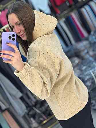 Женский утепленный блестящий худи со стразами трехнитка на флисе Бежевый, 42/44 Одесса