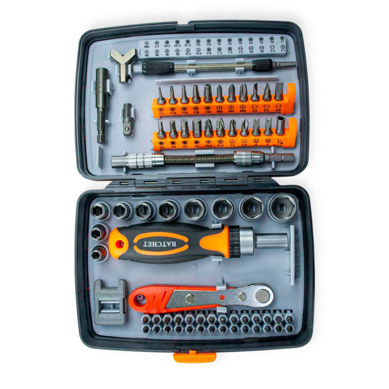 Викрутка з бітами та головками 1/4" 68 шт CrV тріскачкова, подовжувачі, тріскачка (футляр) Мукачево - фото 1